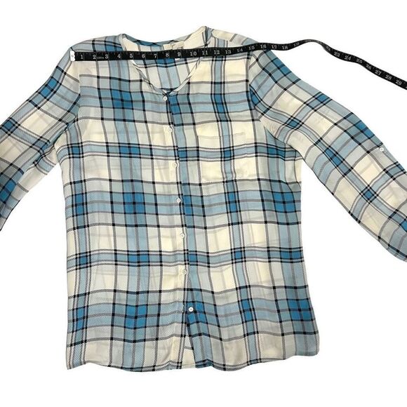 Joie Silk Shirt Medium Multi Color Plaid Buttons Up Roll Tab Sleeves - Picture 13 of 15